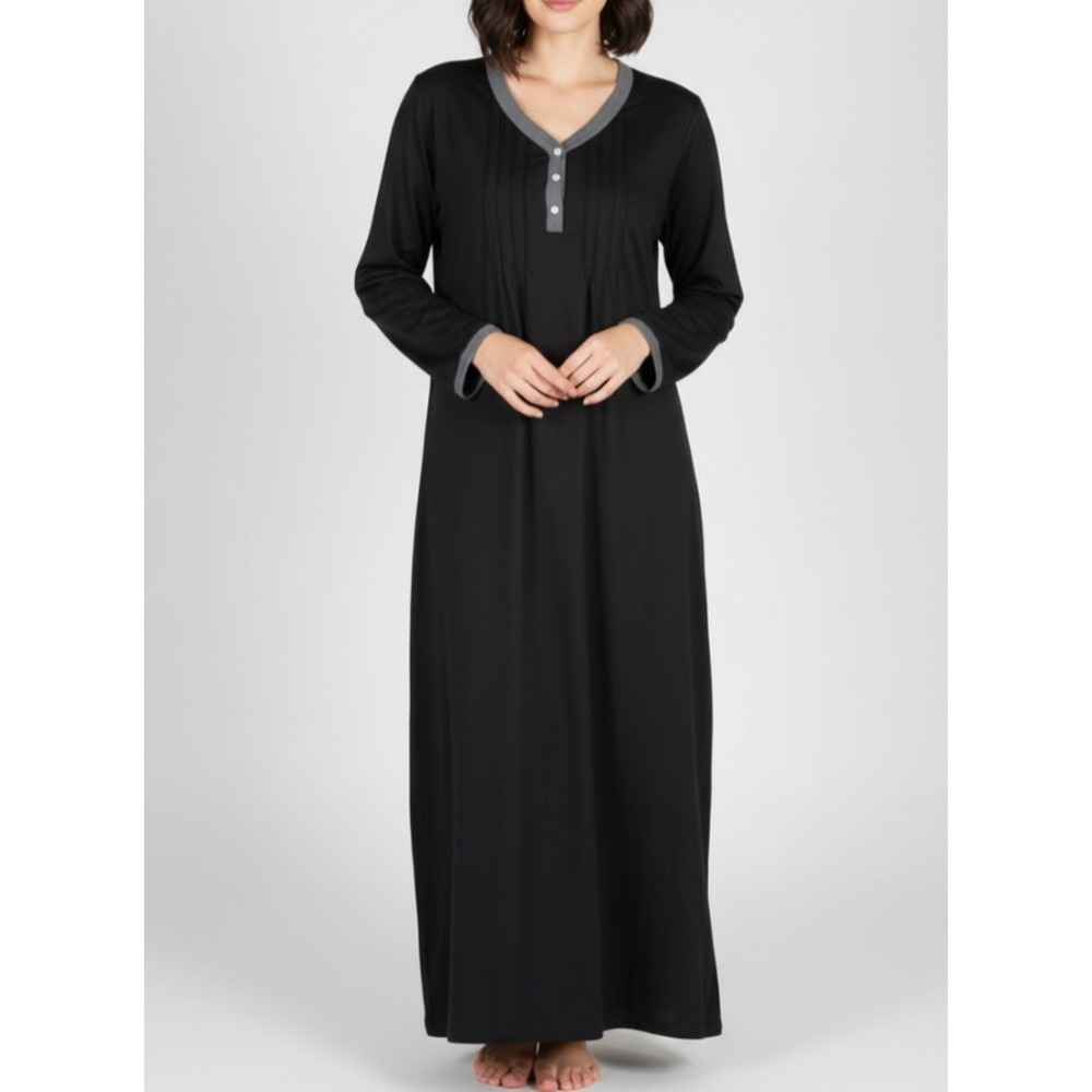 EKOUAER Black w/Gray Trim PLEATED FRONT Stretch Knit LOUNGE Nightshirt/Gown Sz M
